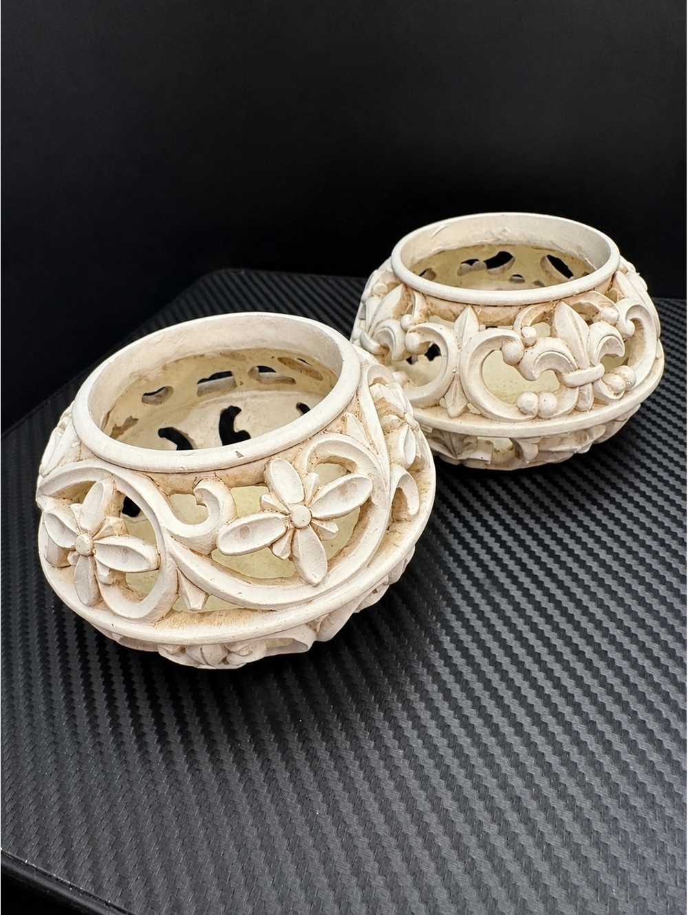 Vintage French Country Cream Openwork Candle Holders (Pair)